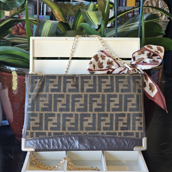 Fendi Handbags - Fendi Zucca FF Monogram Clutch W/Crossbody Chain, Twilly, & Tassel Added